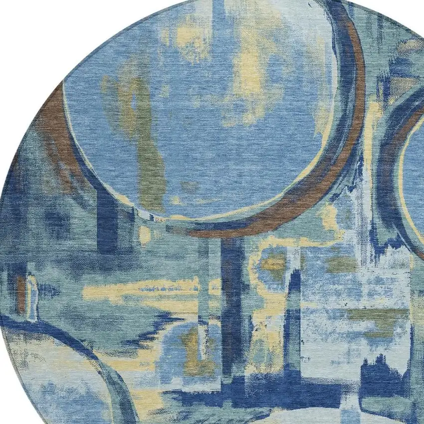 8' Teal Blue And Denim Blue Round Abstract Washable Indoor Outdoor Area Rug Photo 2