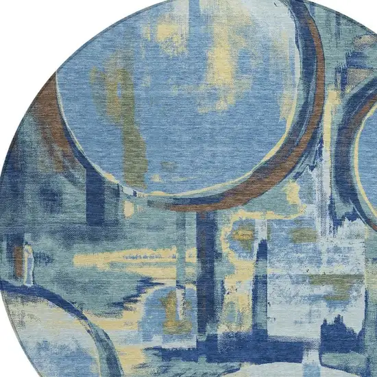 8' Teal Blue And Denim Blue Round Abstract Washable Indoor Outdoor Area Rug Photo 2