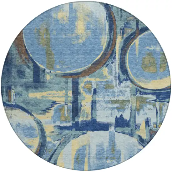 8' Teal Blue And Denim Blue Round Abstract Washable Indoor Outdoor Area Rug Photo 1