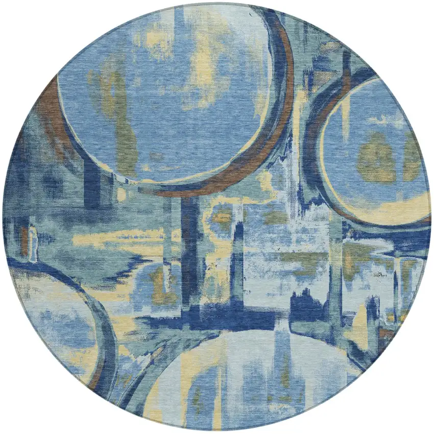 8' Teal Blue And Denim Blue Round Abstract Washable Indoor Outdoor Area Rug Photo 1
