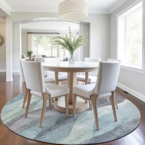 8' Teal Blue And Fern Green Round Abstract Washable Indoor Outdoor Area Rug Photo 6