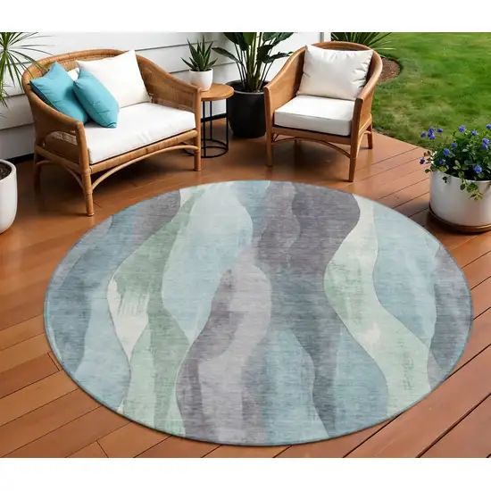 8' Teal Blue And Fern Green Round Abstract Washable Indoor Outdoor Area Rug Photo 2