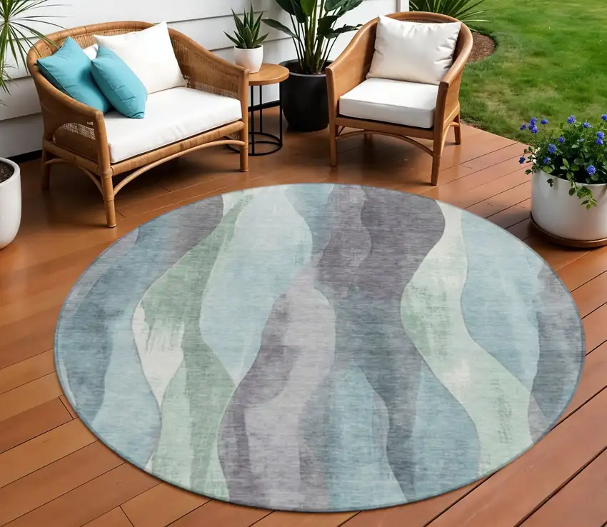 8' Teal Blue And Fern Green Round Abstract Washable Indoor Outdoor Area Rug Photo 2