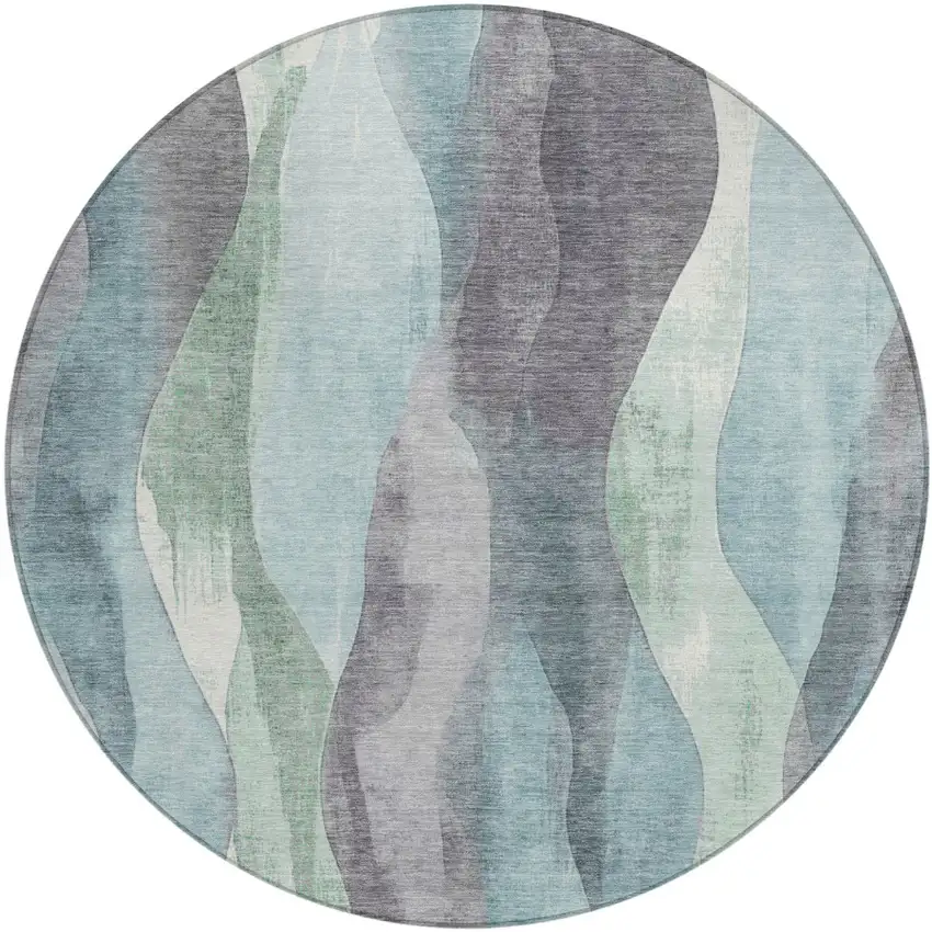 8' Teal Blue And Fern Green Round Abstract Washable Indoor Outdoor Area Rug Photo 1