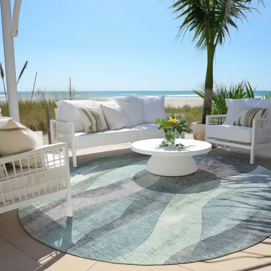 8' Teal Blue And Fern Green Round Abstract Washable Indoor Outdoor Area Rug Photo 5