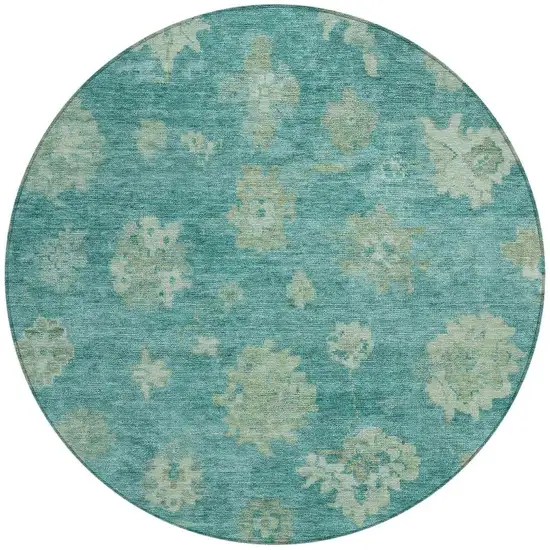 8' Teal Blue And Fern Green Round Floral Washable Indoor Outdoor Area Rug Photo 4