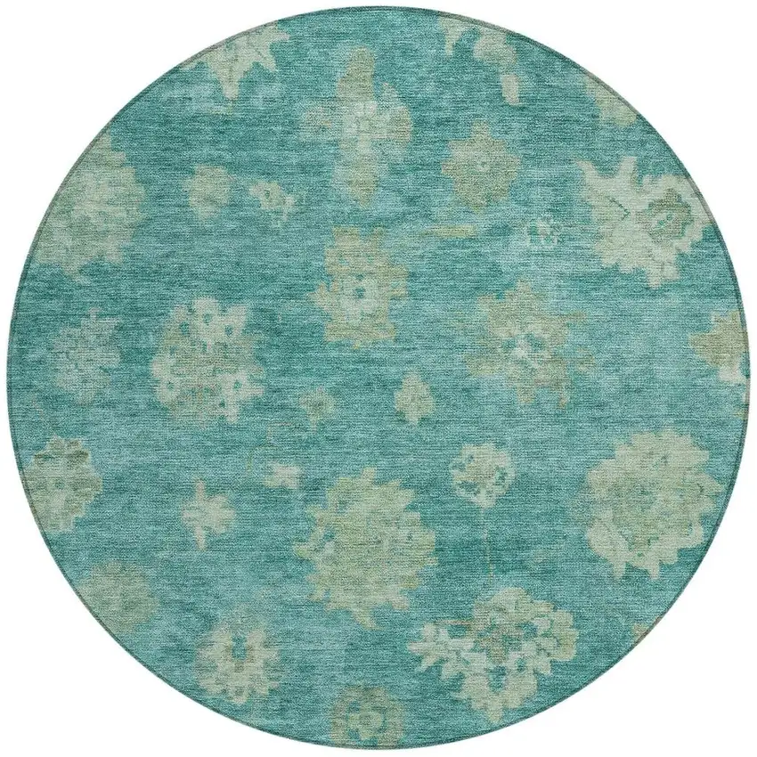 8' Teal Blue And Fern Green Round Floral Washable Indoor Outdoor Area Rug Photo 4