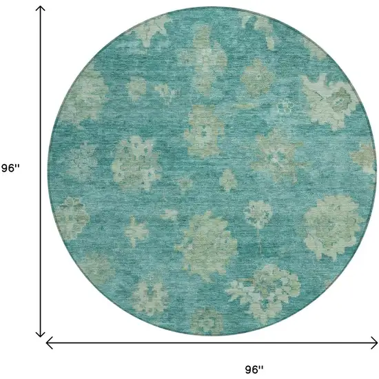 8' Teal Blue And Fern Green Round Floral Washable Indoor Outdoor Area Rug Photo 3