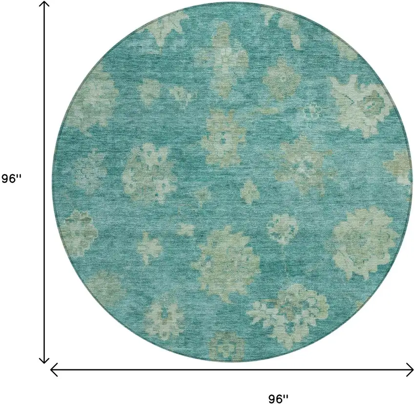 8' Teal Blue And Fern Green Round Floral Washable Indoor Outdoor Area Rug Photo 3