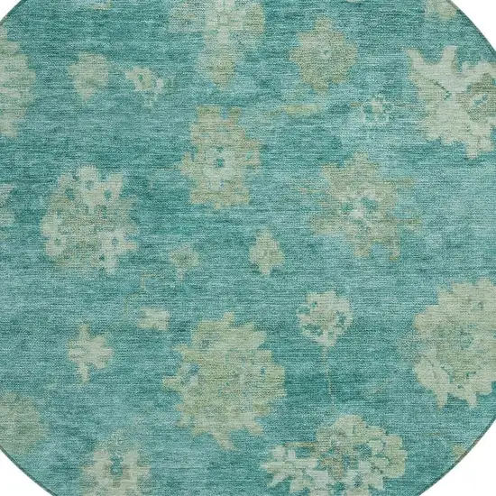 8' Teal Blue And Fern Green Round Floral Washable Indoor Outdoor Area Rug Photo 7