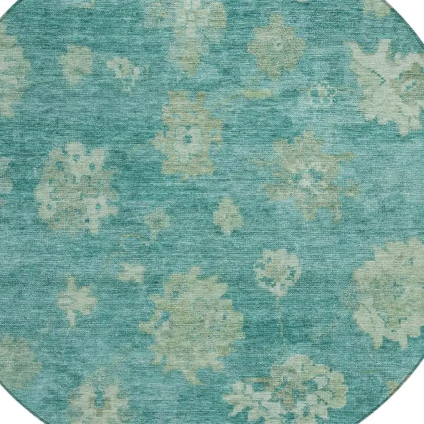 8' Teal Blue And Fern Green Round Floral Washable Indoor Outdoor Area Rug Photo 7