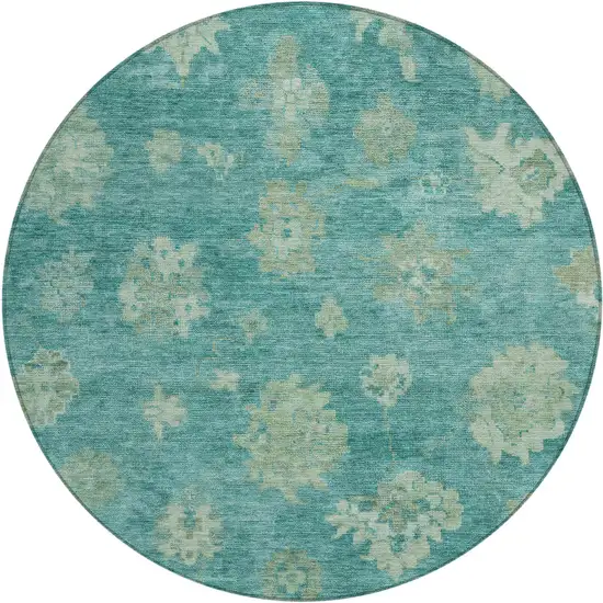 8' Teal Blue And Fern Green Round Floral Washable Indoor Outdoor Area Rug Photo 2