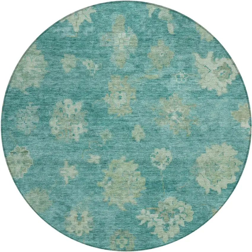 8' Teal Blue And Fern Green Round Floral Washable Indoor Outdoor Area Rug Photo 2