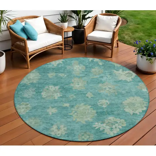 8' Teal Blue And Fern Green Round Floral Washable Indoor Outdoor Area Rug Photo 1