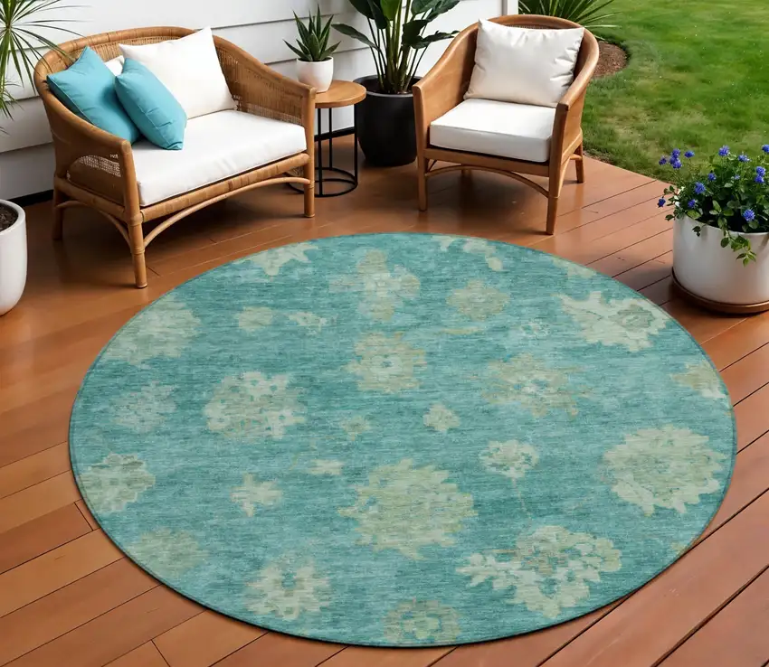 8' Teal Blue And Fern Green Round Floral Washable Indoor Outdoor Area Rug Photo 1