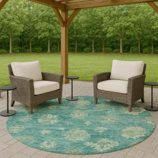 8' Teal Blue And Fern Green Round Floral Washable Indoor Outdoor Area Rug Photo 8
