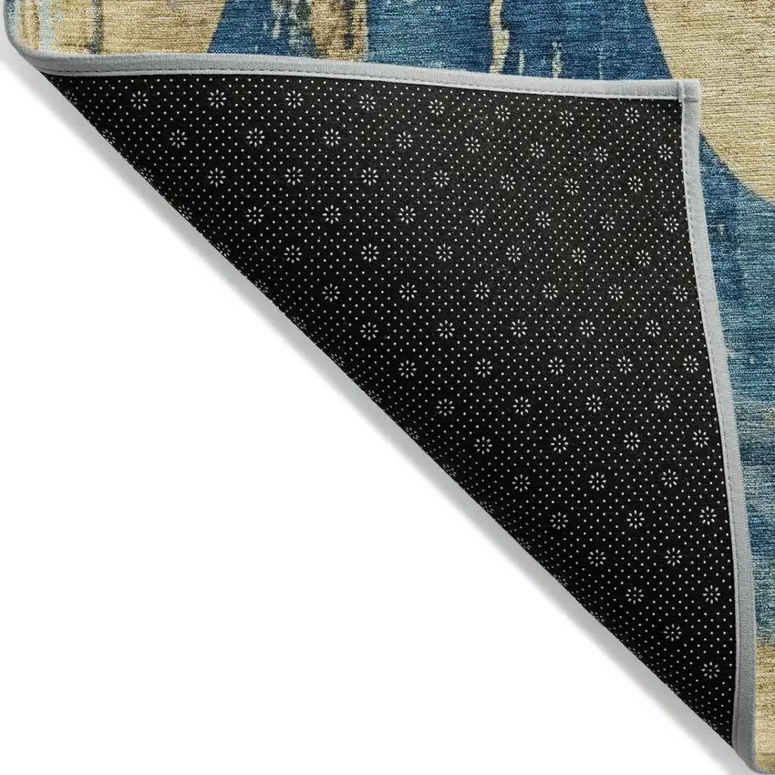 8' Teal Blue And Gold Round Abstract Washable Indoor Outdoor Area Rug Photo 5