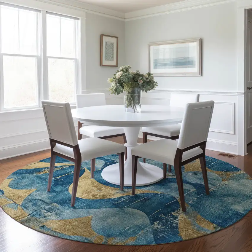8' Teal Blue And Gold Round Abstract Washable Indoor Outdoor Area Rug Photo 7