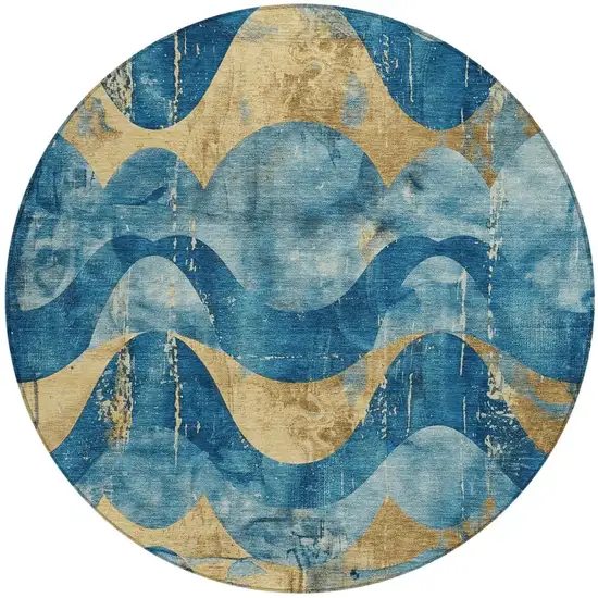 8' Teal Blue And Gold Round Abstract Washable Indoor Outdoor Area Rug Photo 3