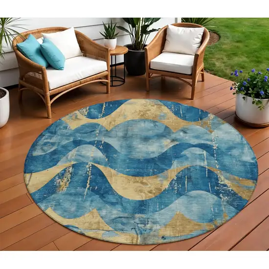 8' Teal Blue And Gold Round Abstract Washable Indoor Outdoor Area Rug Photo 2