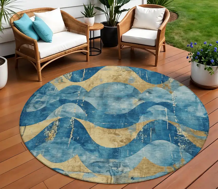 8' Teal Blue And Gold Round Abstract Washable Indoor Outdoor Area Rug Photo 2
