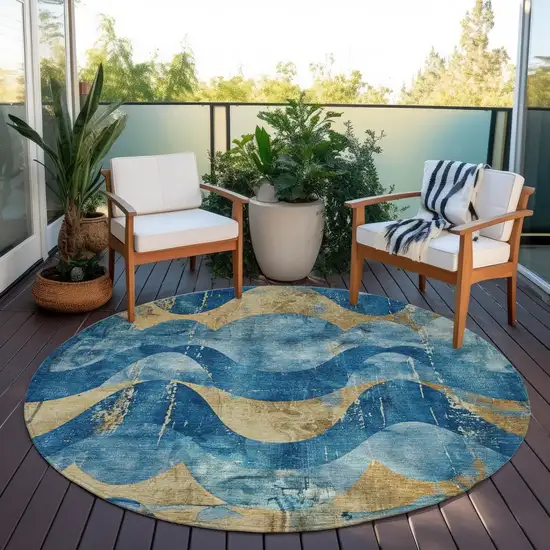 8' Teal Blue And Gold Round Abstract Washable Indoor Outdoor Area Rug Photo 6