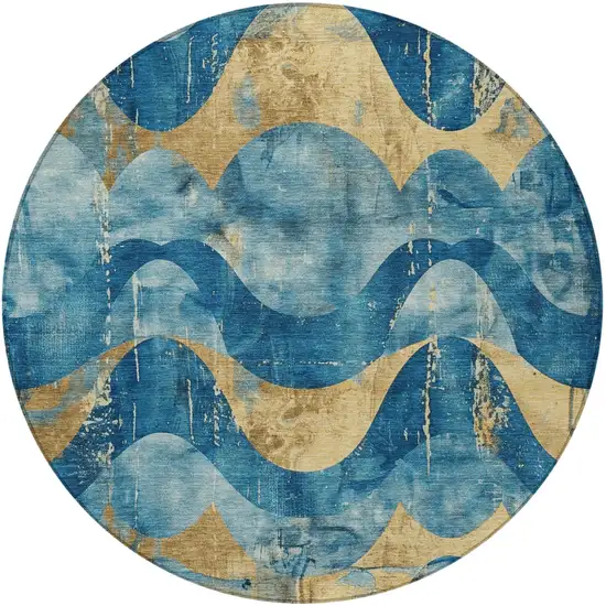 8' Teal Blue And Gold Round Abstract Washable Indoor Outdoor Area Rug Photo 4
