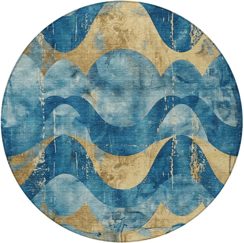 8' Teal Blue And Gold Round Abstract Washable Indoor Outdoor Area Rug Photo 4