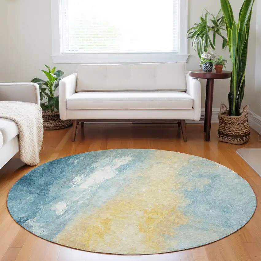 8' Teal Blue And Gold Round Abstract Washable Indoor Outdoor Area Rug Photo 6