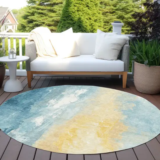 8' Teal Blue And Gold Round Abstract Washable Indoor Outdoor Area Rug Photo 5
