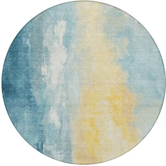 8' Teal Blue And Gold Round Abstract Washable Indoor Outdoor Area Rug Photo 3