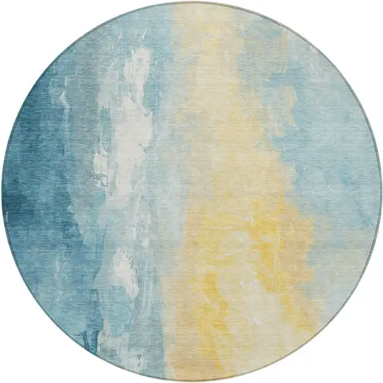 8' Teal Blue And Gold Round Abstract Washable Indoor Outdoor Area Rug Photo 1
