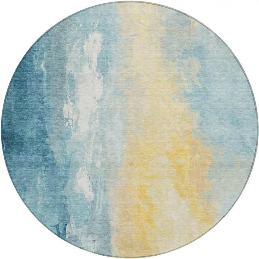 8' Teal Blue And Gold Round Abstract Washable Indoor Outdoor Area Rug Photo 1