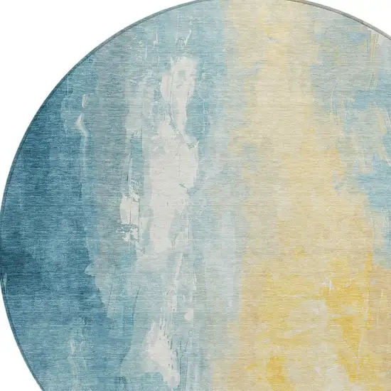 8' Teal Blue And Gold Round Abstract Washable Indoor Outdoor Area Rug Photo 8