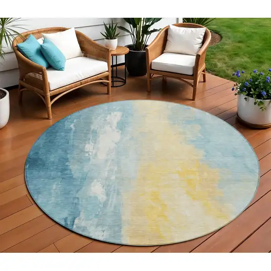 8' Teal Blue And Gold Round Abstract Washable Indoor Outdoor Area Rug Photo 2