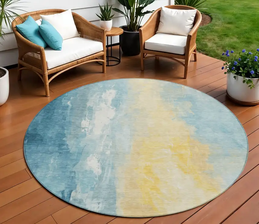 8' Teal Blue And Gold Round Abstract Washable Indoor Outdoor Area Rug Photo 2
