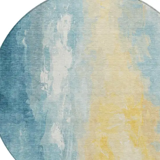 8' Teal Blue And Gold Round Abstract Washable Indoor Outdoor Area Rug Photo 4
