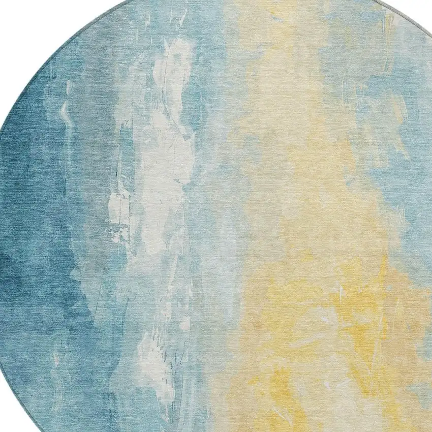 8' Teal Blue And Gold Round Abstract Washable Indoor Outdoor Area Rug Photo 4
