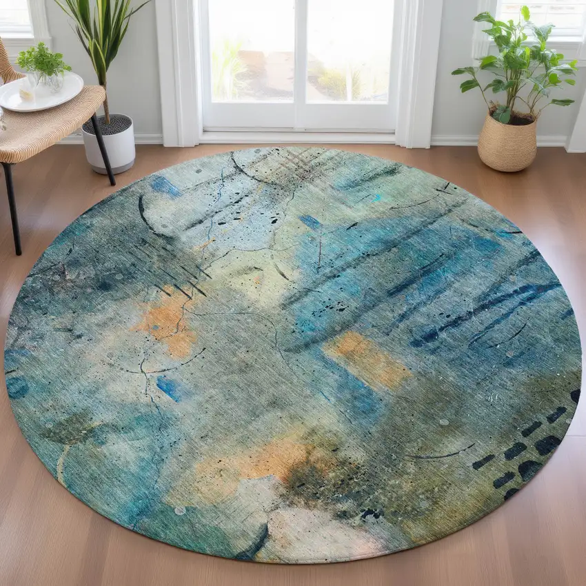 8' Teal Blue And Gold Round Abstract Washable Indoor Outdoor Area Rug Photo 6