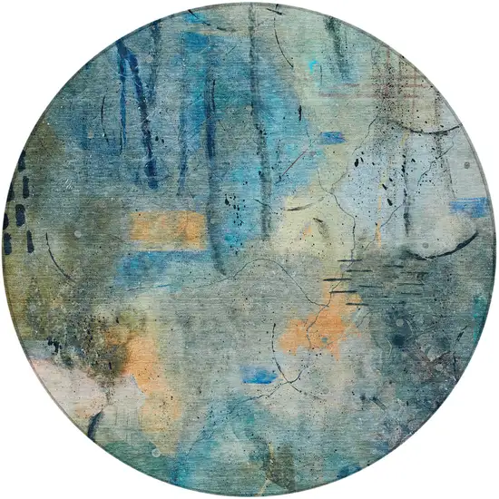 8' Teal Blue And Gold Round Abstract Washable Indoor Outdoor Area Rug Photo 4