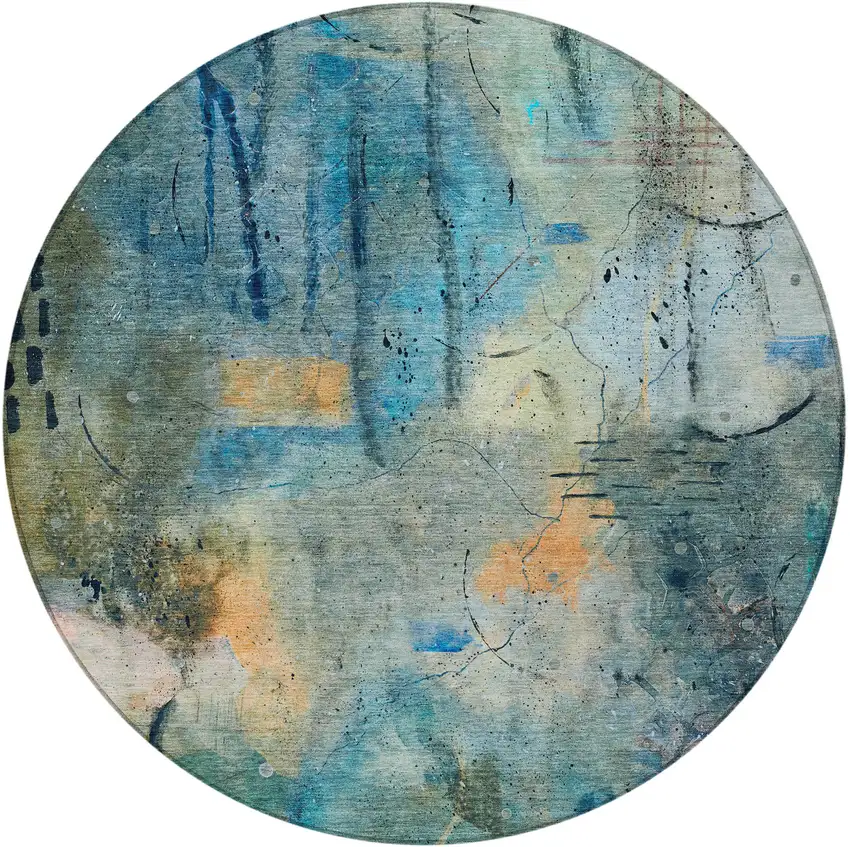 8' Teal Blue And Gold Round Abstract Washable Indoor Outdoor Area Rug Photo 4