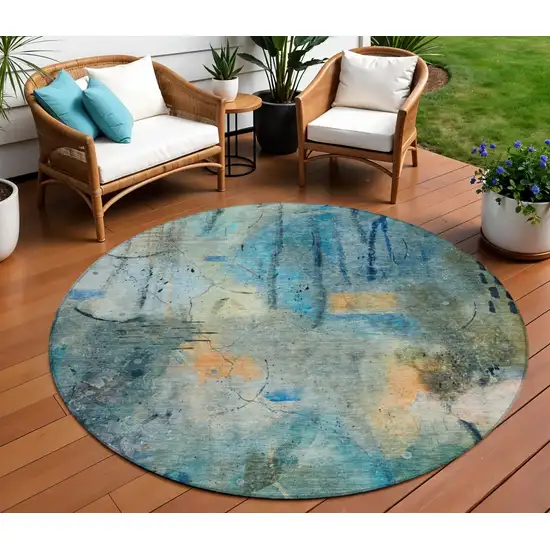 8' Teal Blue And Gold Round Abstract Washable Indoor Outdoor Area Rug Photo 2