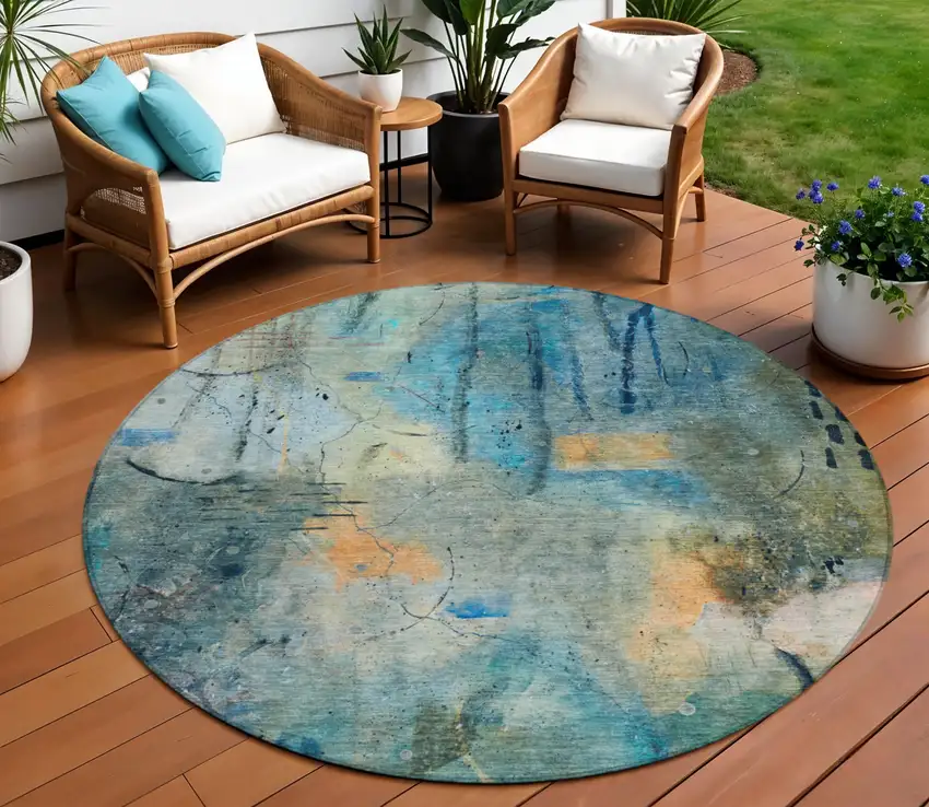 8' Teal Blue And Gold Round Abstract Washable Indoor Outdoor Area Rug Photo 2