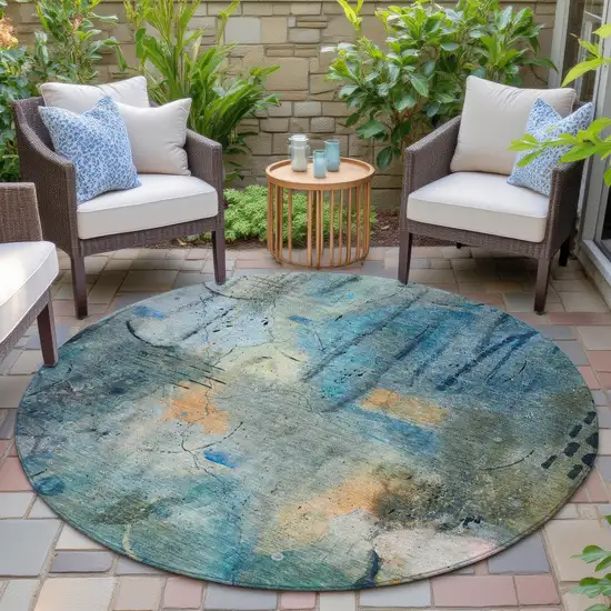8' Teal Blue And Gold Round Abstract Washable Indoor Outdoor Area Rug Photo 5