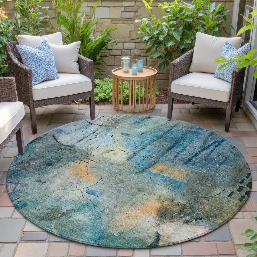 8' Teal Blue And Gold Round Abstract Washable Indoor Outdoor Area Rug Photo 5
