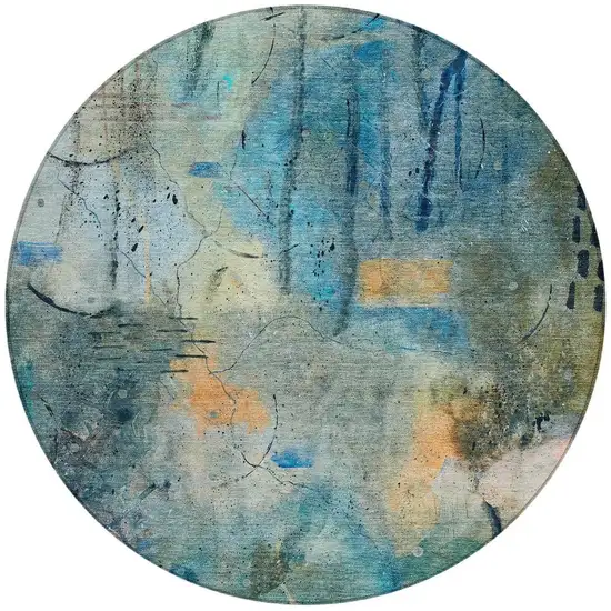 8' Teal Blue And Gold Round Abstract Washable Indoor Outdoor Area Rug Photo 3