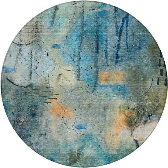 8' Teal Blue And Gold Round Abstract Washable Indoor Outdoor Area Rug Photo 1