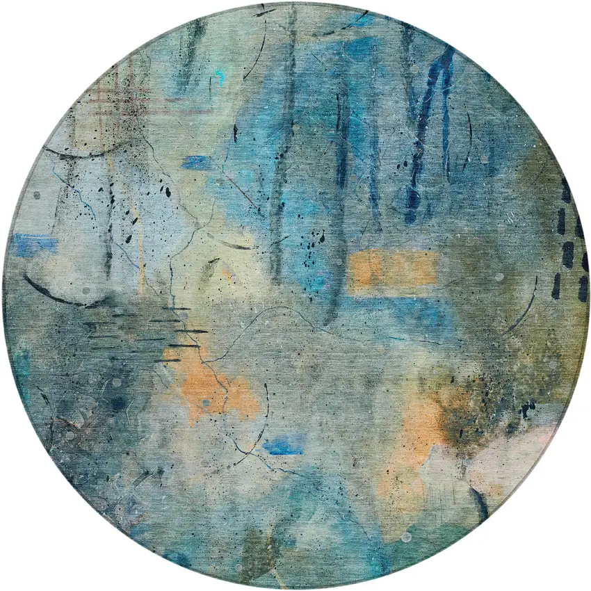 8' Teal Blue And Gold Round Abstract Washable Indoor Outdoor Area Rug Photo 1