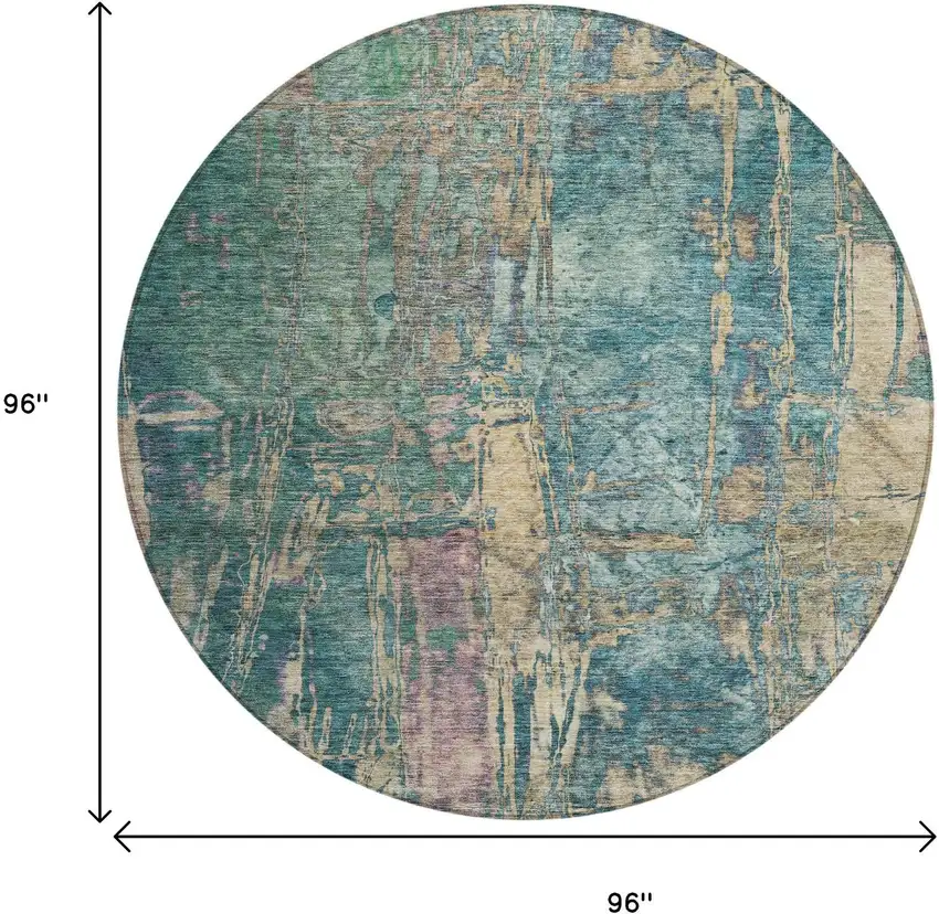 8' Teal Blue And Gold Round Abstract Washable Indoor Outdoor Area Rug Photo 3