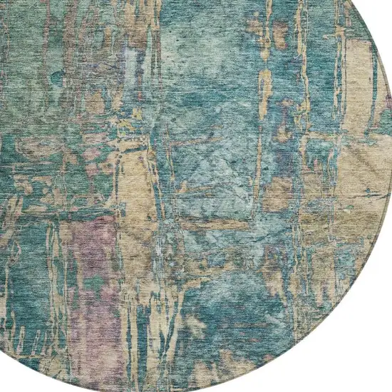 8' Teal Blue And Gold Round Abstract Washable Indoor Outdoor Area Rug Photo 7